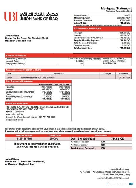 Download Iraq Union Bank of Iraq mortgage statement Word and PDF template Photoshop template